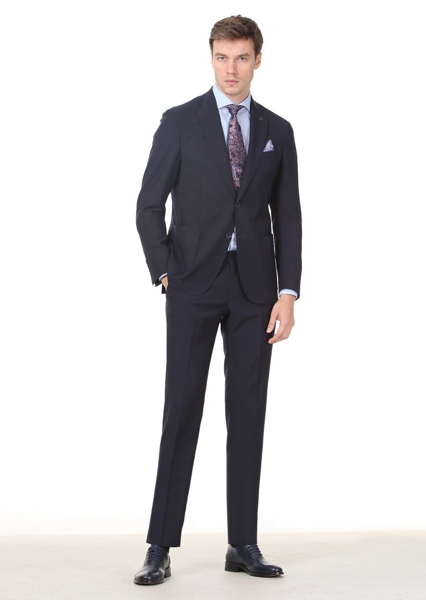 Lacivert Düz Shirt Shoulder Slim Fit %100 Yün Takım Elbise - 3