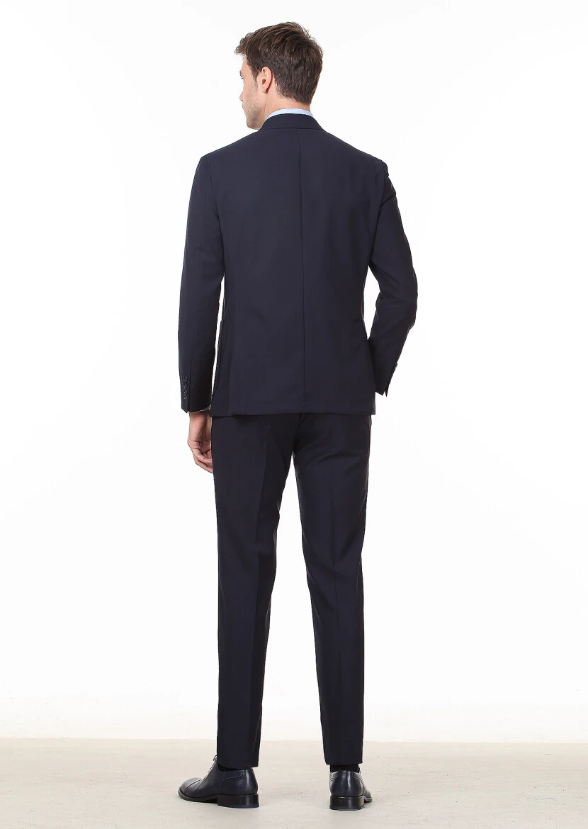 Lacivert Düz Shirt Shoulder Slim Fit %100 Yün Takım Elbise - 4