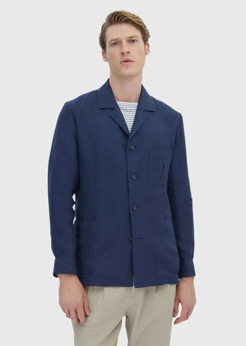 Lacivert Düz Shirt Shoulder Slim Fit Pamuk Karışımlı Ceket - 3