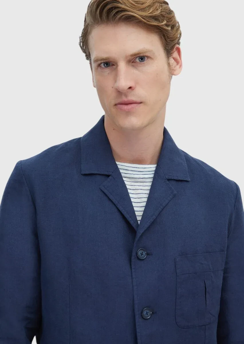 Lacivert Düz Shirt Shoulder Slim Fit Pamuk Karışımlı Ceket - 4