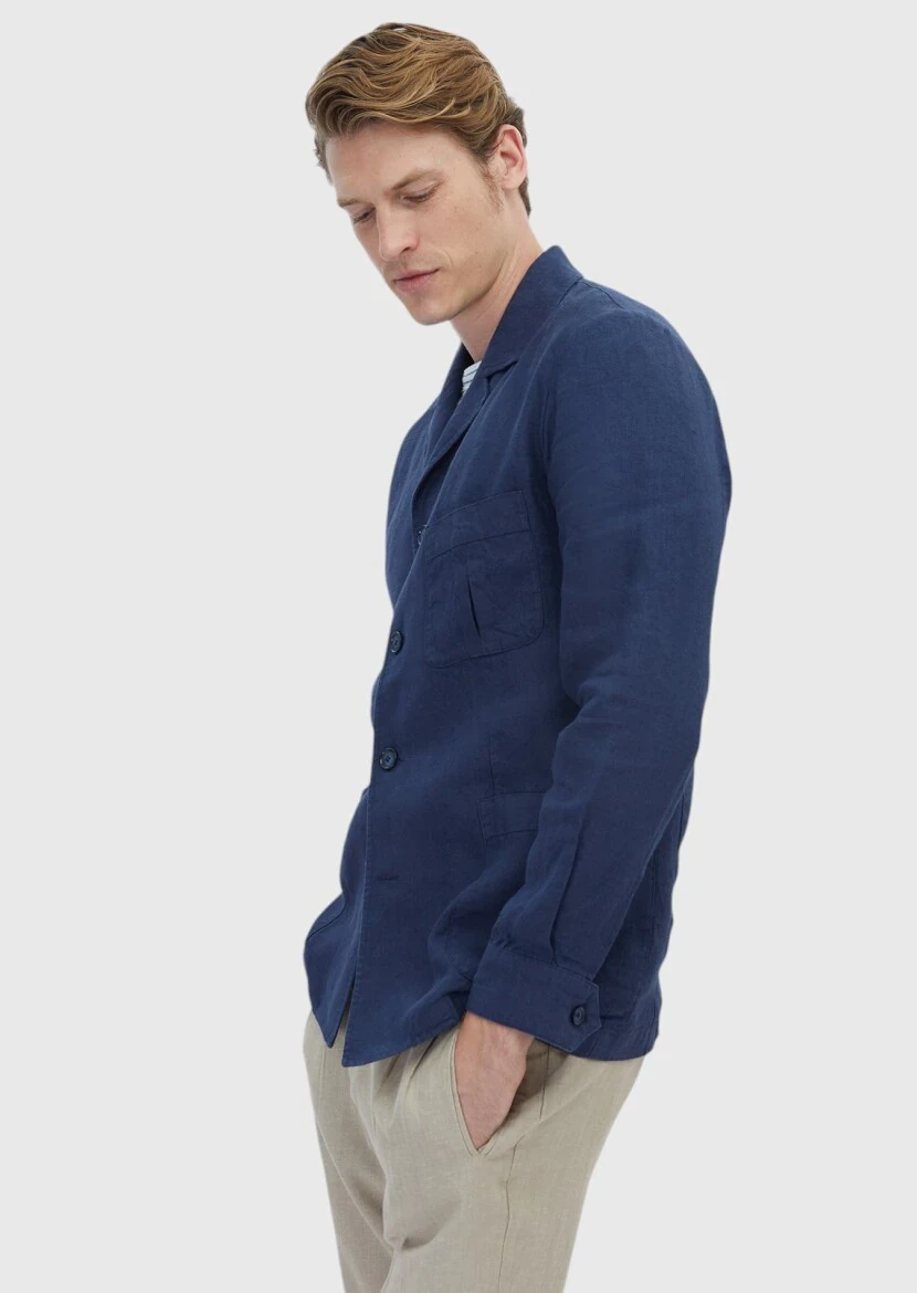 Lacivert Düz Shirt Shoulder Slim Fit Pamuk Karışımlı Ceket - 5