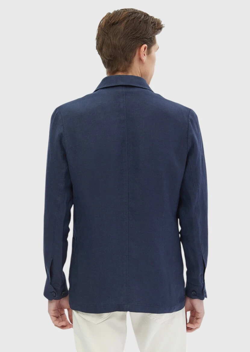 Lacivert Düz Shirt Shoulder Slim Fit Pamuk Karışımlı Ceket - 6