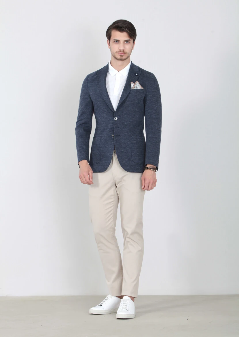 Lacivert Düz Shirt Shoulder-slim Fit Pamuk Karışımlı Örme Ceket - 1