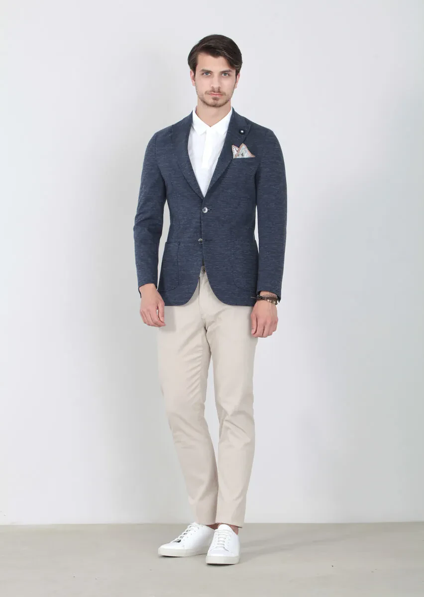 Lacivert Düz Shirt Shoulder-slim Fit Pamuk Karışımlı Örme Ceket - 1