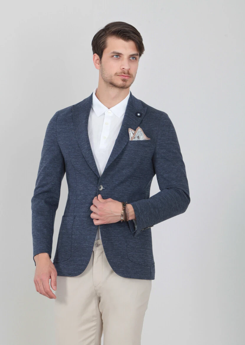 Lacivert Düz Shirt Shoulder-slim Fit Pamuk Karışımlı Örme Ceket - 2