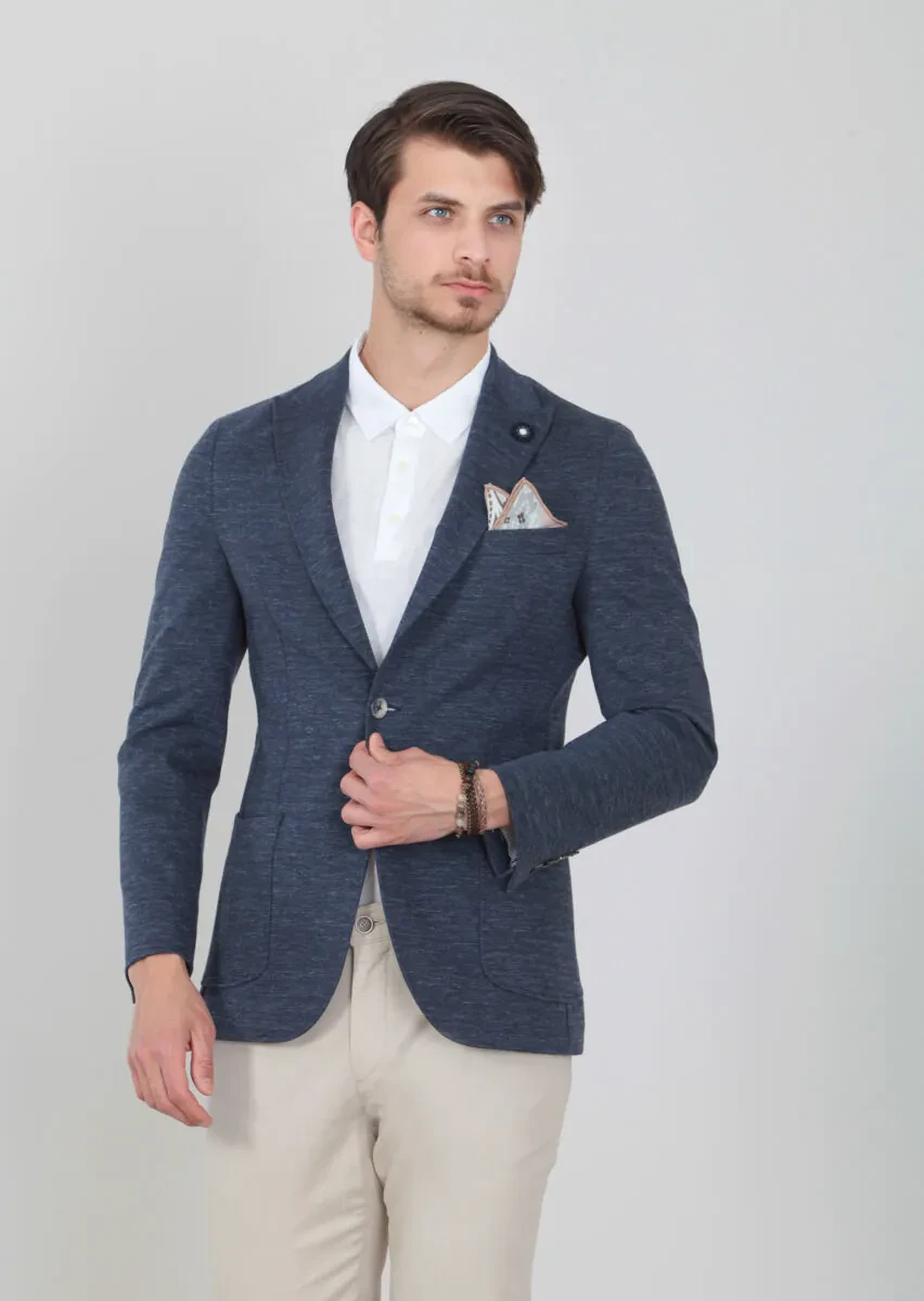 Lacivert Düz Shirt Shoulder-slim Fit Pamuk Karışımlı Örme Ceket - 2