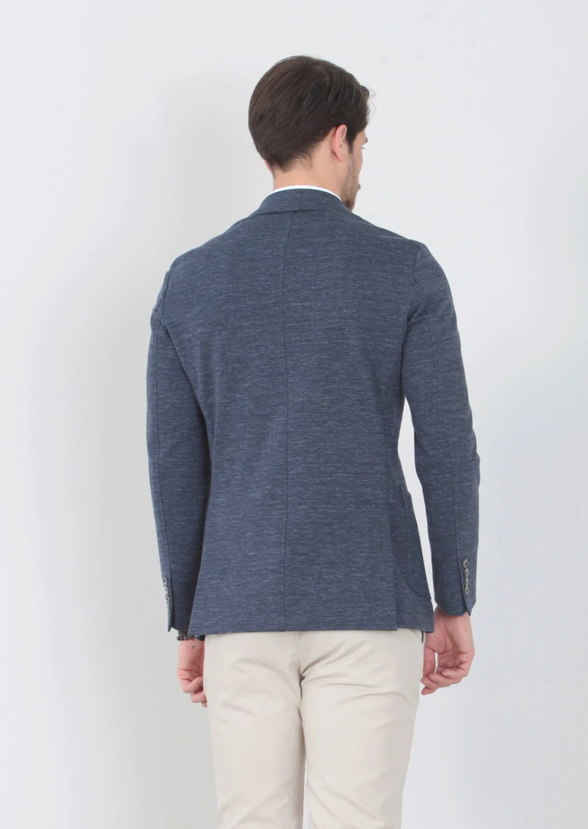 Lacivert Düz Shirt Shoulder-slim Fit Pamuk Karışımlı Örme Ceket - 4