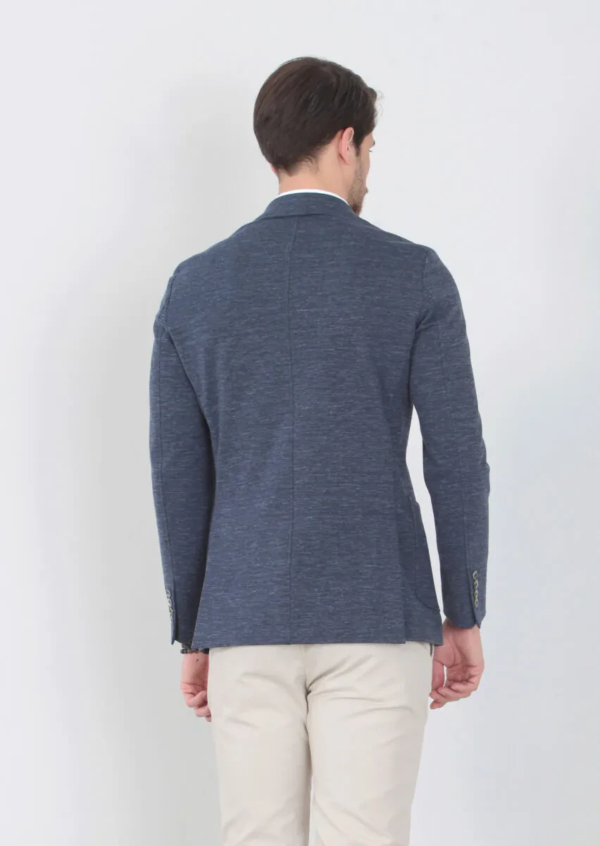 Lacivert Düz Shirt Shoulder-slim Fit Pamuk Karışımlı Örme Ceket - 4