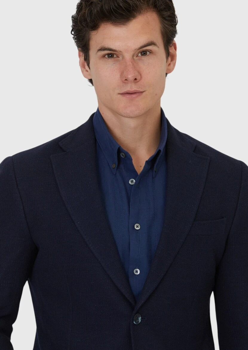 Lacivert Düz Shirt Shoulder Slim Fit Pamuk Karışımlı Örme Ceket - 4