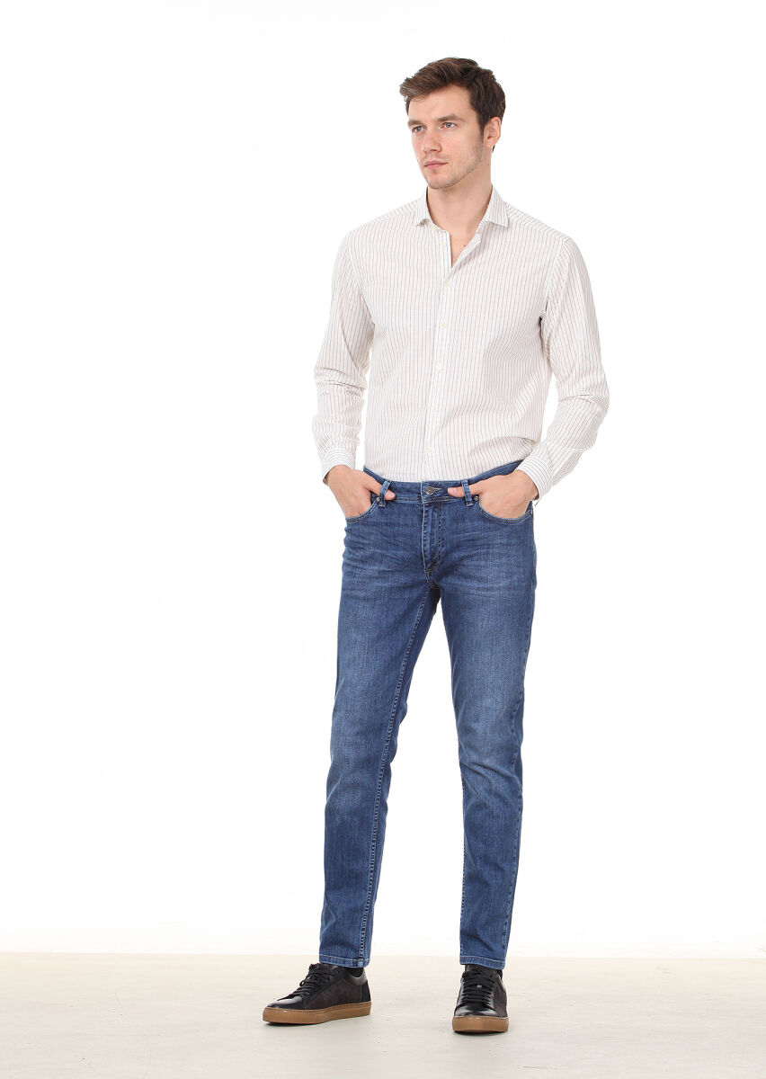 Lacivert Düz Slim Fit Denim Pamuk Karışımlı Pantolon - 1