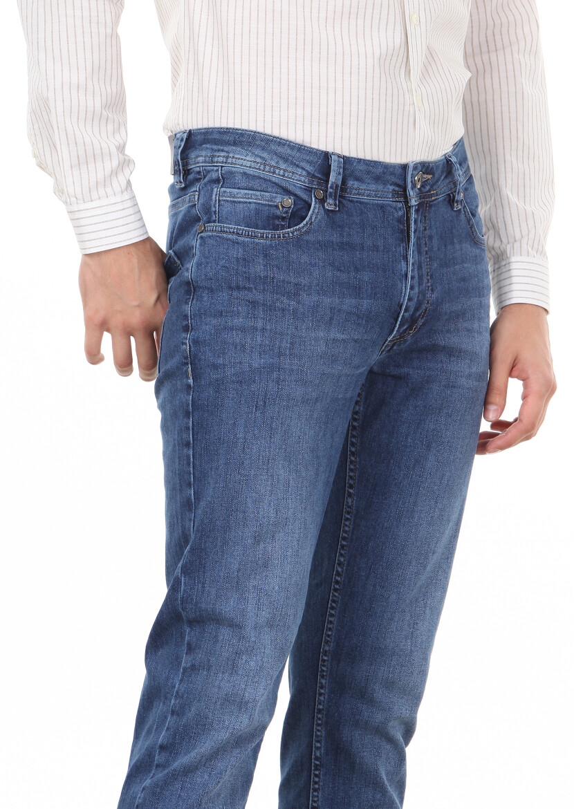 Lacivert Düz Slim Fit Denim Pamuk Karışımlı Pantolon - 2