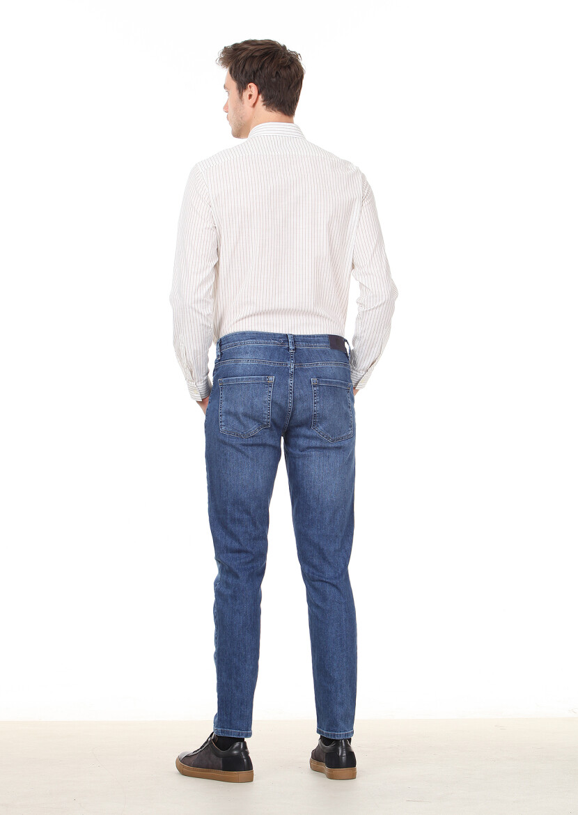 Lacivert Düz Slim Fit Denim Pamuk Karışımlı Pantolon - 4