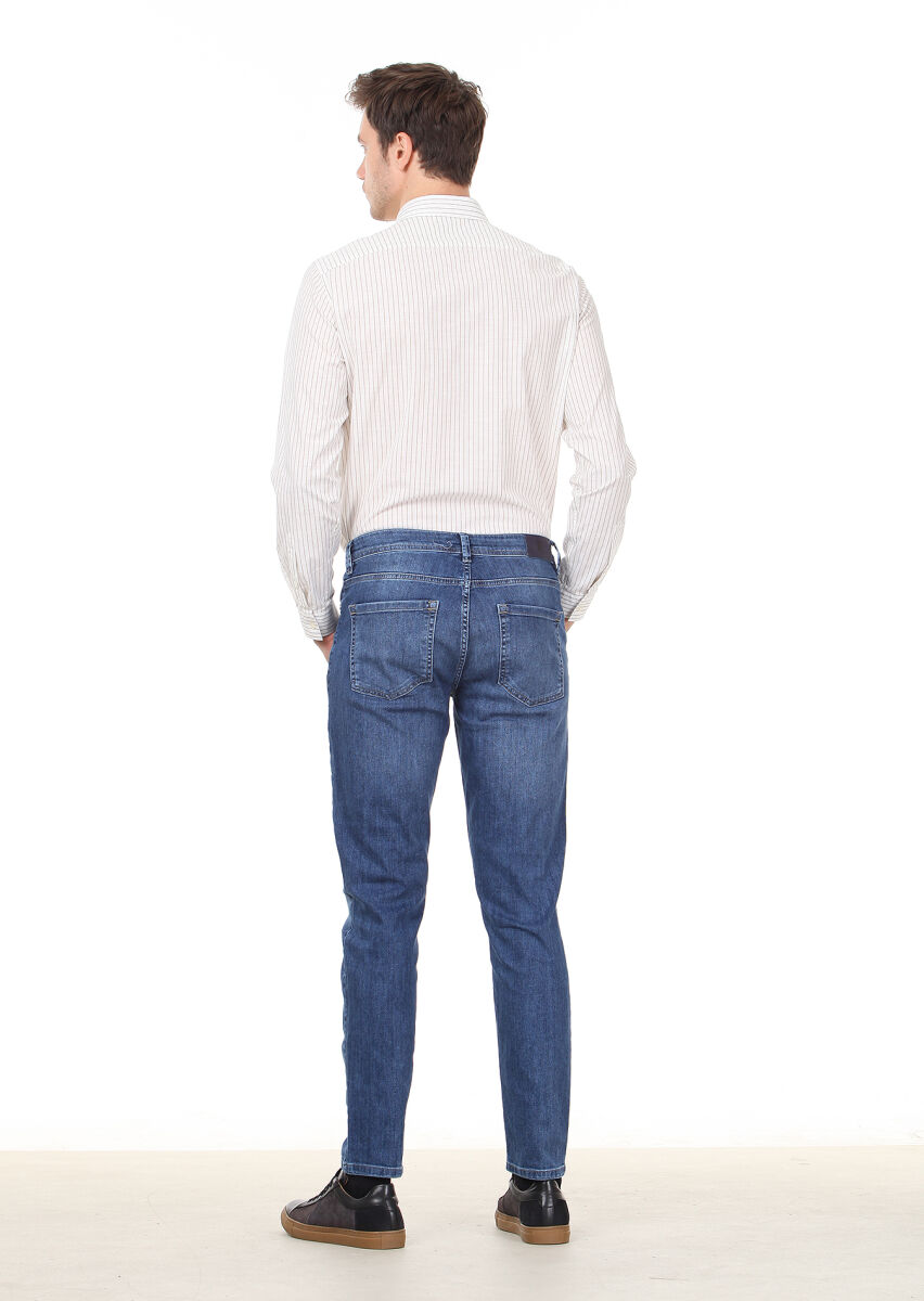 Lacivert Düz Slim Fit Denim Pamuk Karışımlı Pantolon - 4