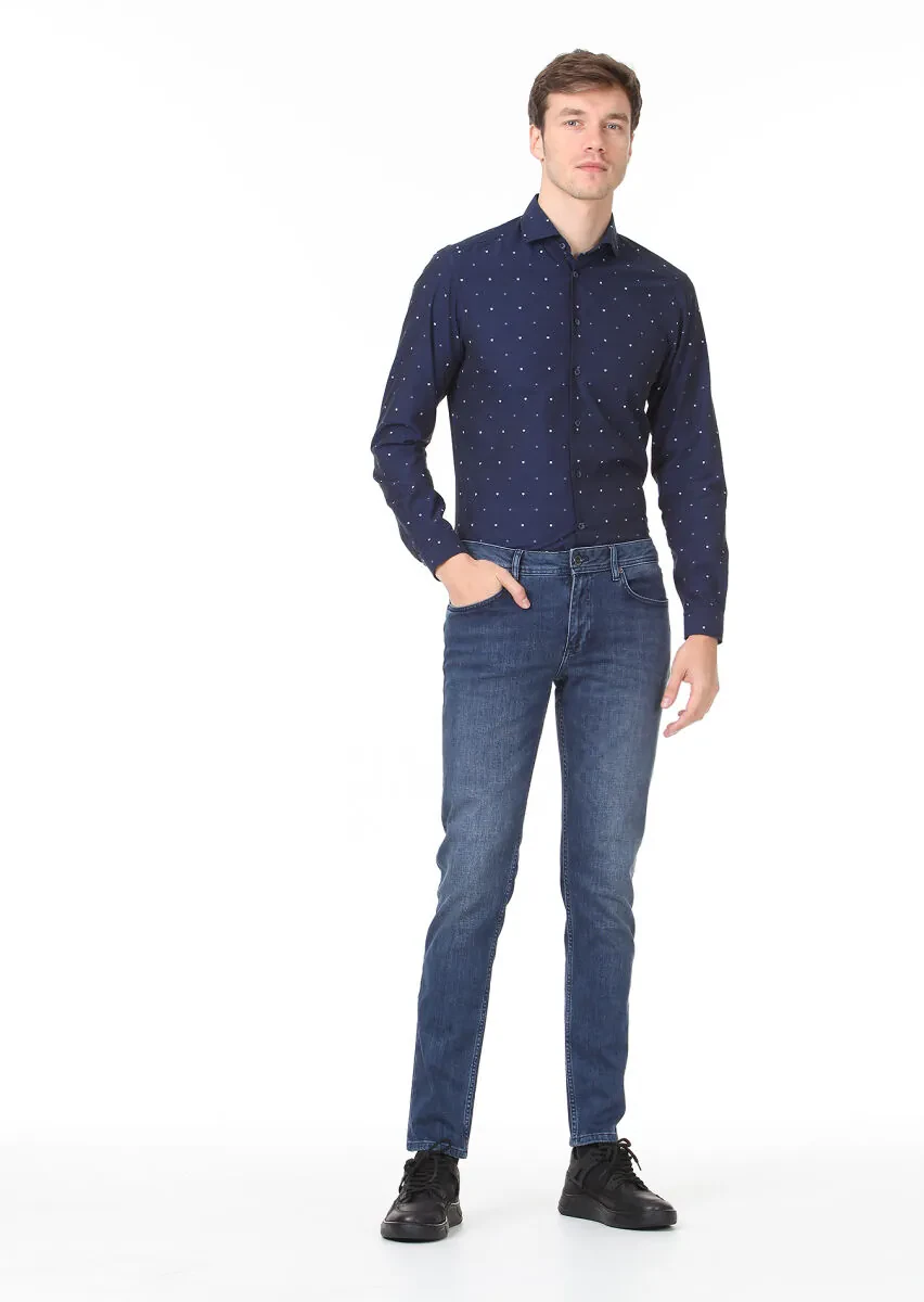 Lacivert Düz Slim Fit Denim Pamuk Karışımlı Pantolon - 2