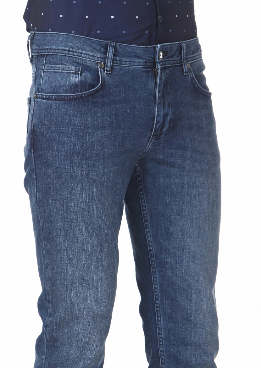 Lacivert Düz Slim Fit Denim Pamuk Karışımlı Pantolon - 3