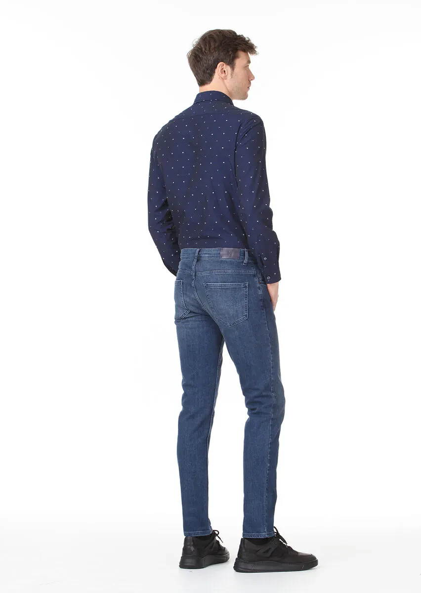 Lacivert Düz Slim Fit Denim Pamuk Karışımlı Pantolon - 4