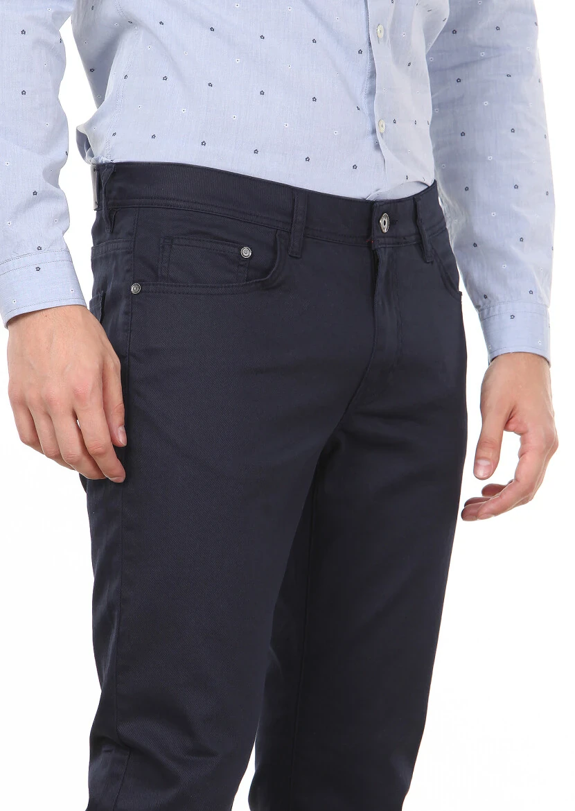 Lacivert Düz Slim Fit Denim Pamuk Karışımlı Pantolon - 2