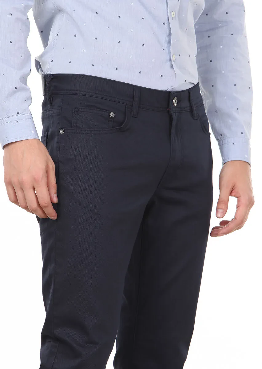 Lacivert Düz Slim Fit Denim Pamuk Karışımlı Pantolon - 2