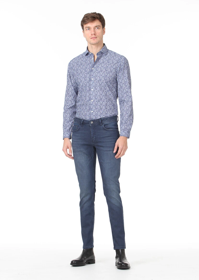 Lacivert Düz Slim Fit Denim Pamuk Karışımlı Pantolon - 1