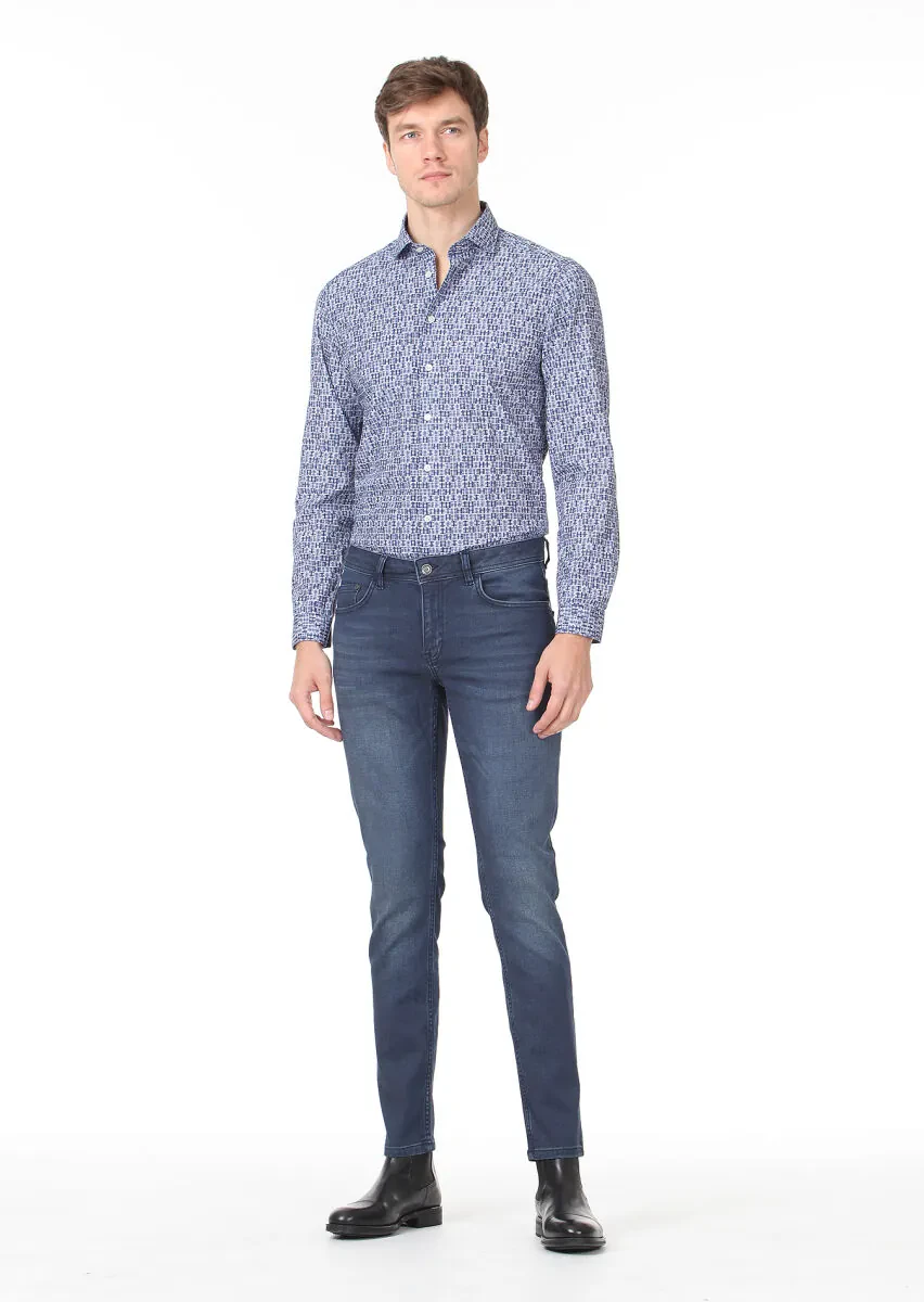 Lacivert Düz Slim Fit Denim Pamuk Karışımlı Pantolon - 1