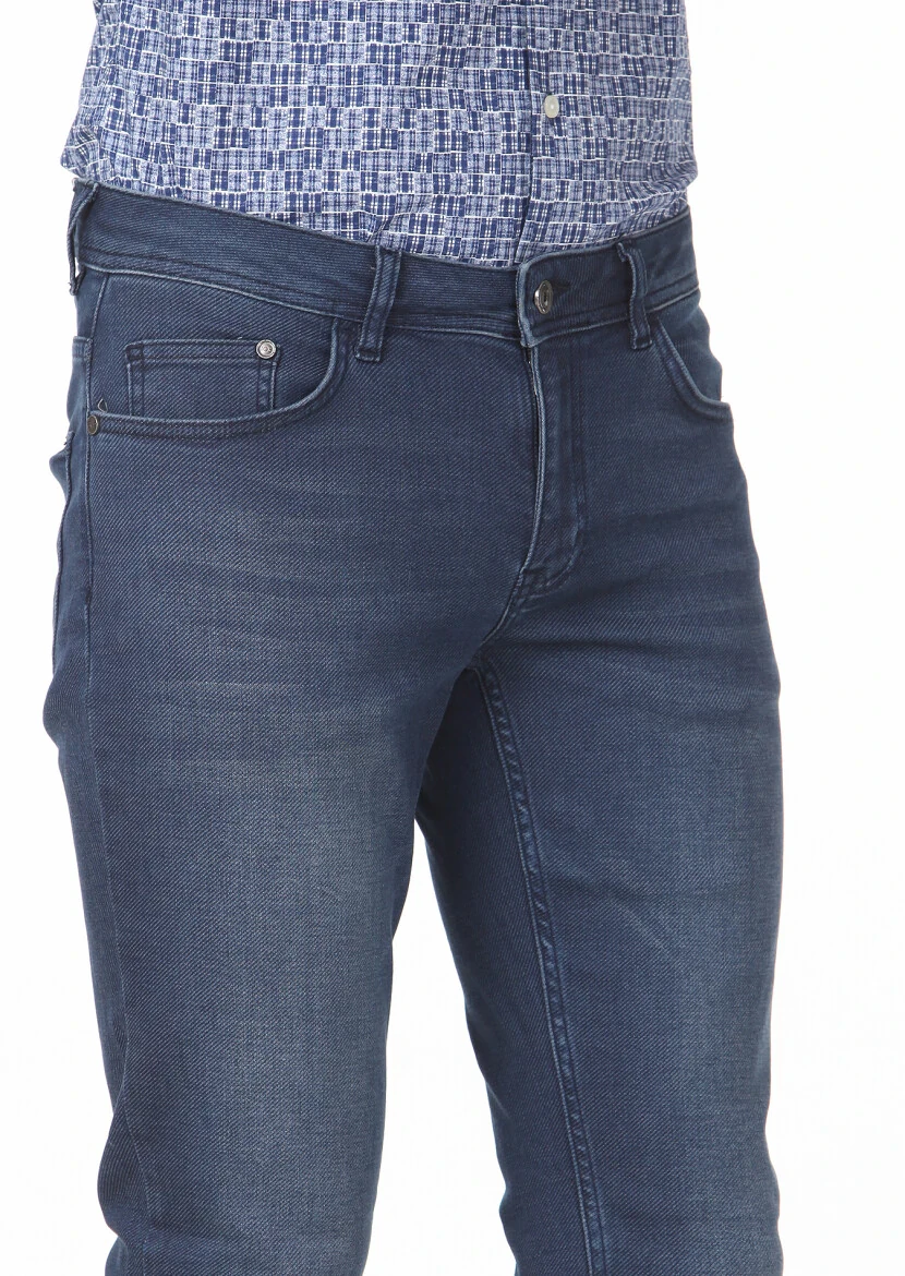 Lacivert Düz Slim Fit Denim Pamuk Karışımlı Pantolon - 3