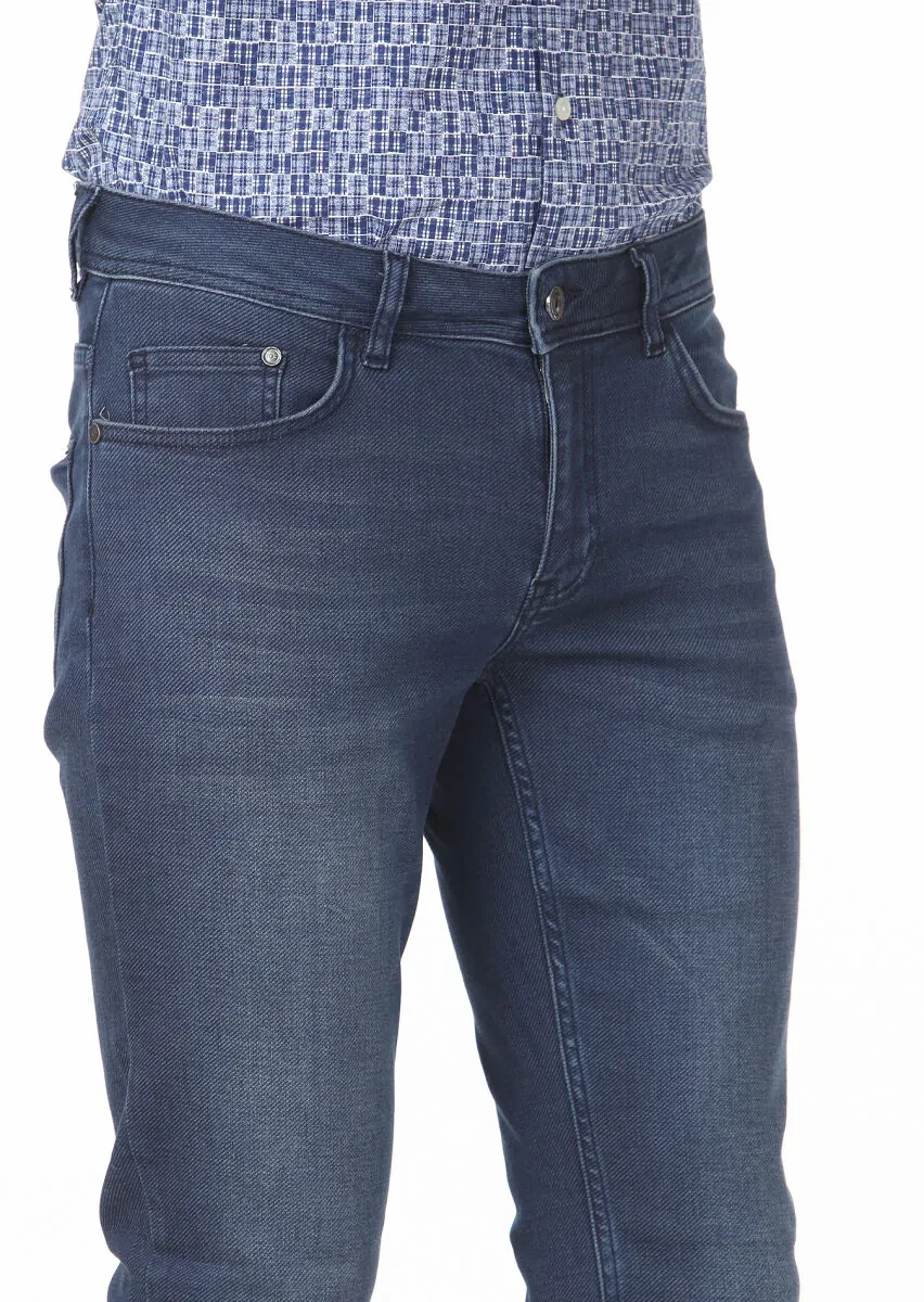 Lacivert Düz Slim Fit Denim Pamuk Karışımlı Pantolon - 3