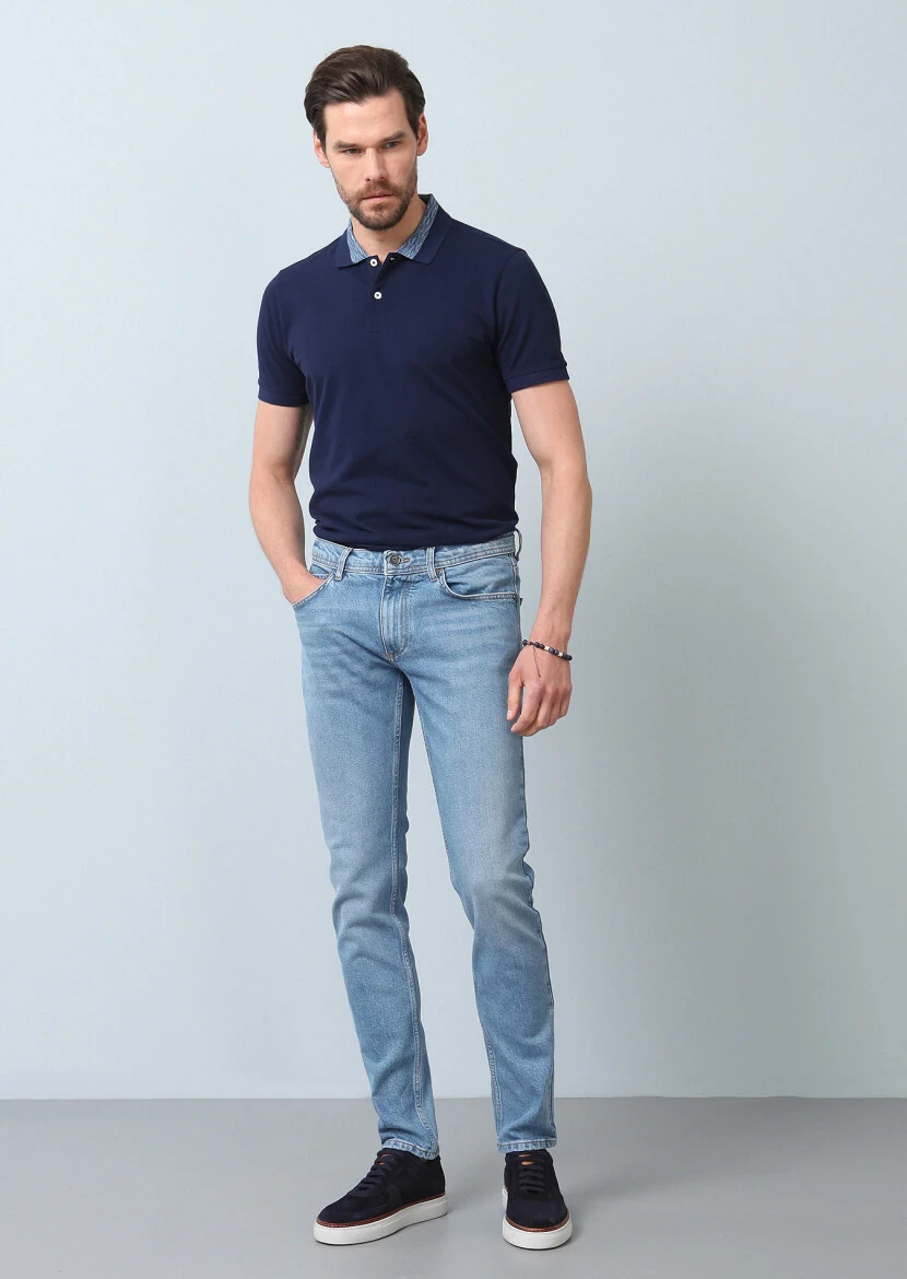 Lacivert Düz Slim Fit Denim Pamuk Karışımlı Pantolon - 1