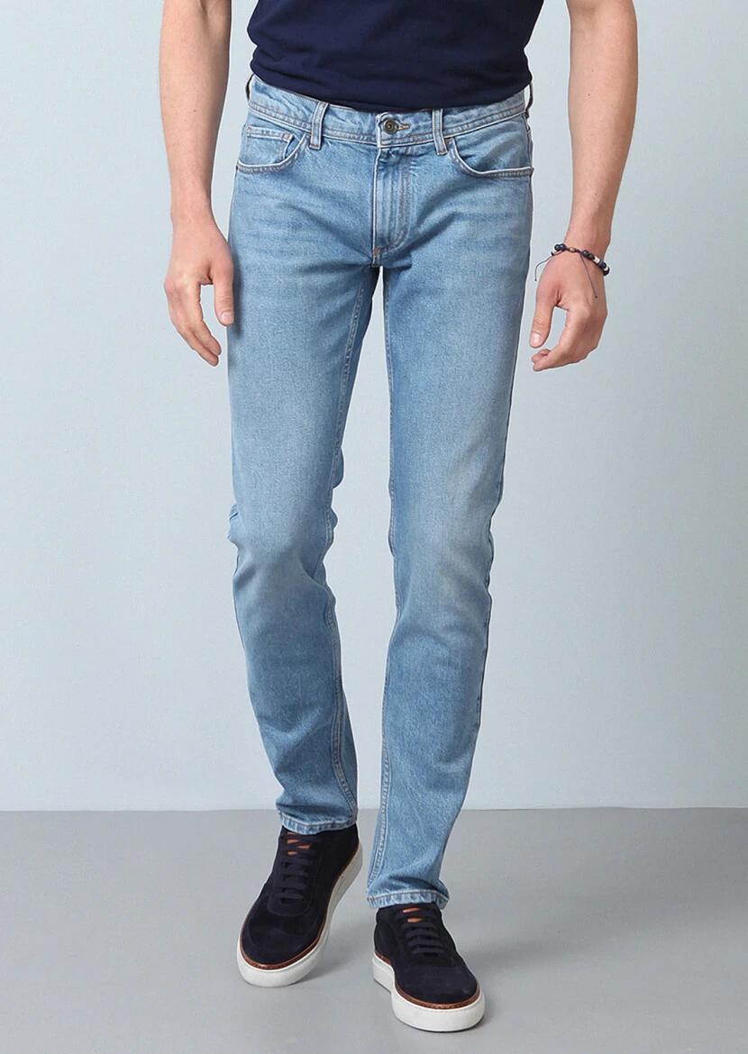 Lacivert Düz Slim Fit Denim Pamuk Karışımlı Pantolon - 4