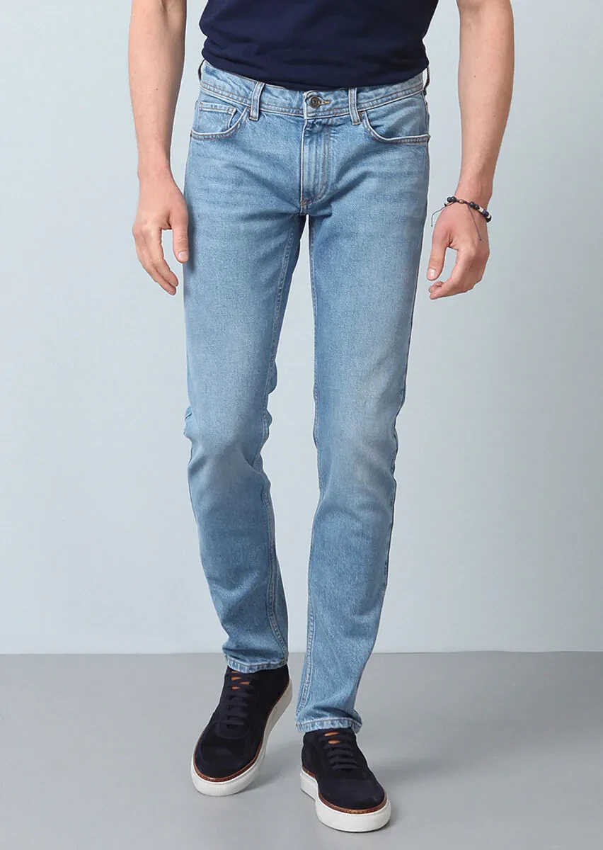 Lacivert Düz Slim Fit Denim Pamuk Karışımlı Pantolon - 4