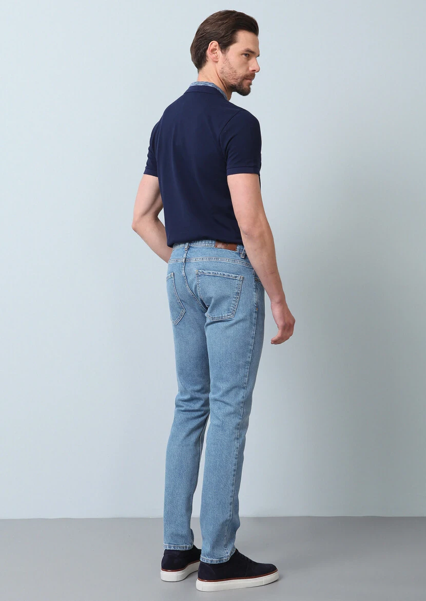 Lacivert Düz Slim Fit Denim Pamuk Karışımlı Pantolon - 5