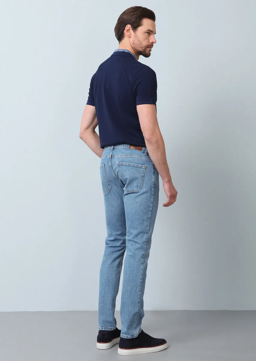 Lacivert Düz Slim Fit Denim Pamuk Karışımlı Pantolon - 5