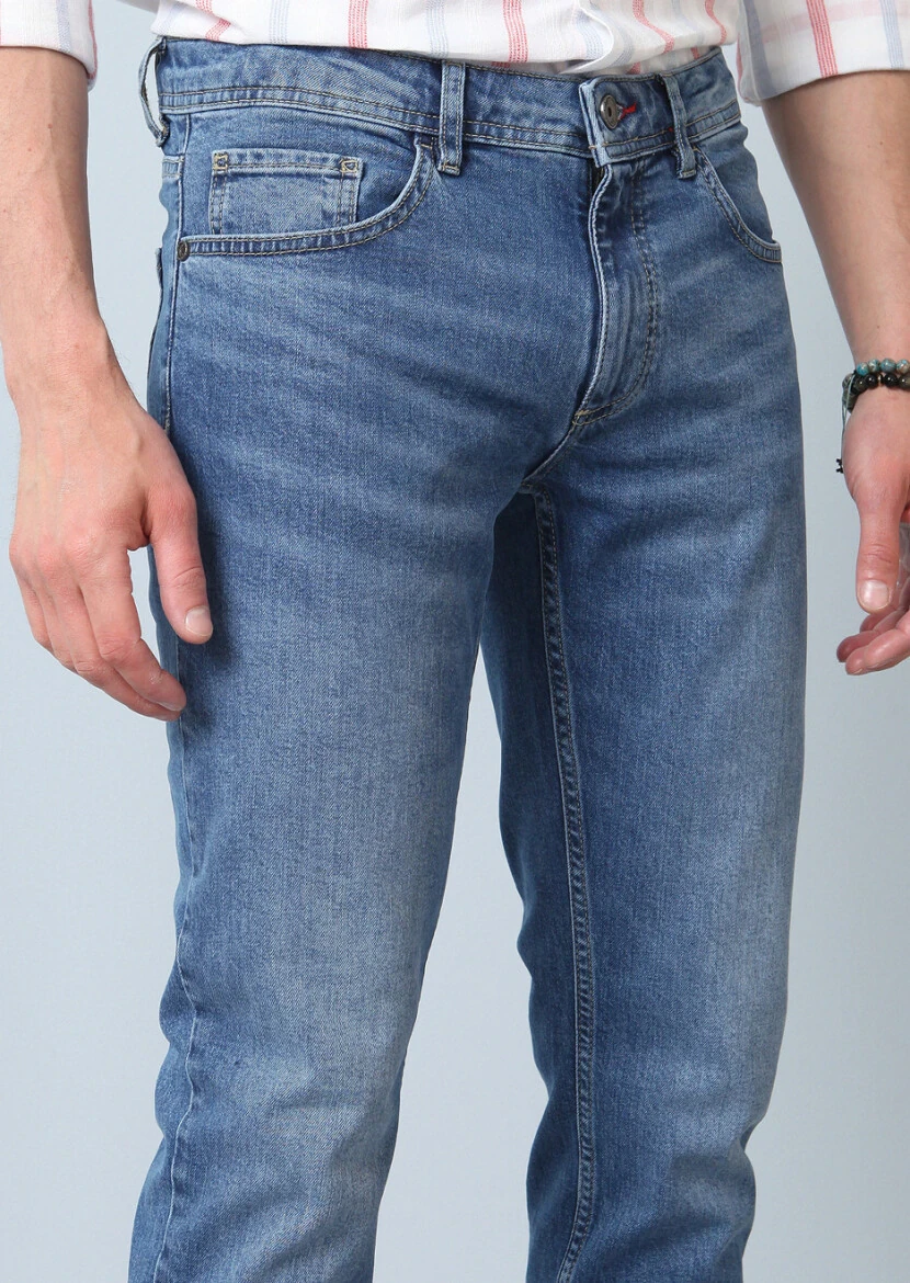 Lacivert Düz Slim Fit Denim Pamuk Karışımlı Pantolon - 2