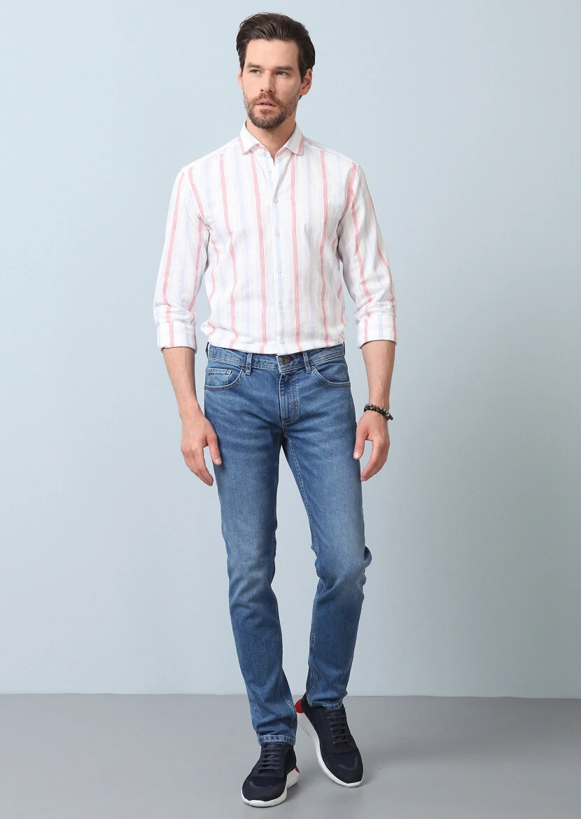 Lacivert Düz Slim Fit Denim Pamuk Karışımlı Pantolon - 3