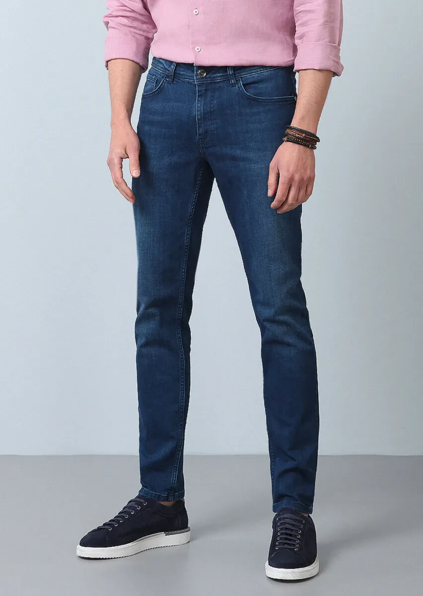 Lacivert Düz Slim Fit Denim Pamuk Karışımlı Pantolon - 1