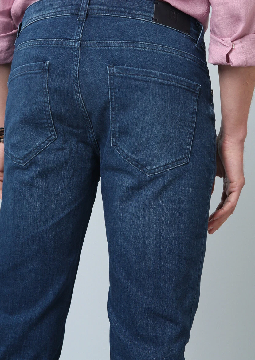 Lacivert Düz Slim Fit Denim Pamuk Karışımlı Pantolon - 2