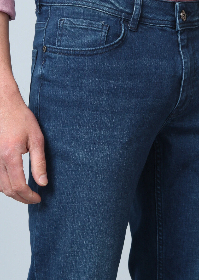 Lacivert Düz Slim Fit Denim Pamuk Karışımlı Pantolon - 4