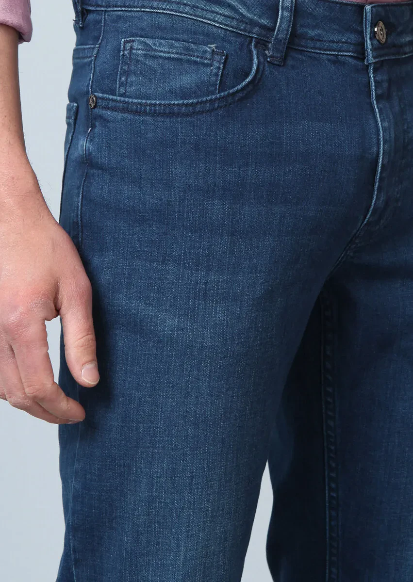 Lacivert Düz Slim Fit Denim Pamuk Karışımlı Pantolon - 4