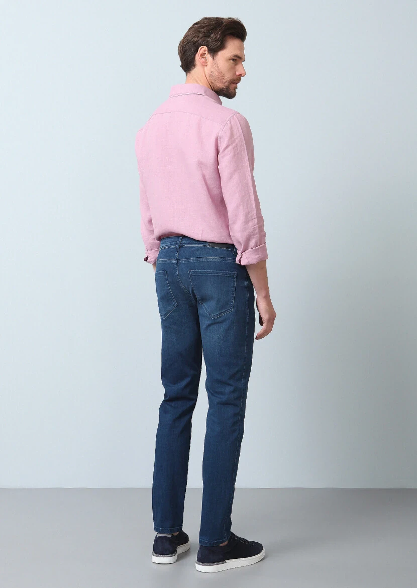 Lacivert Düz Slim Fit Denim Pamuk Karışımlı Pantolon - 5