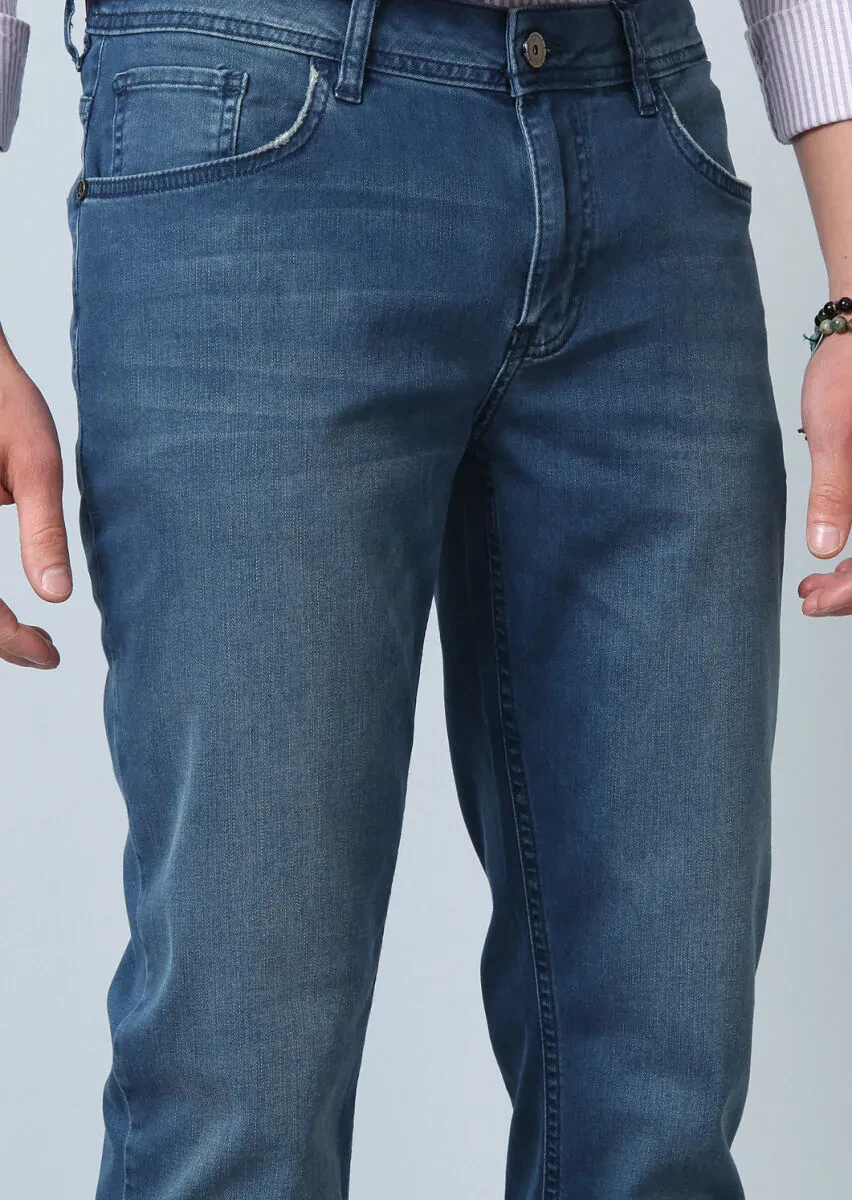 Lacivert Düz Slim Fit Denim Pamuk Karışımlı Pantolon - 1