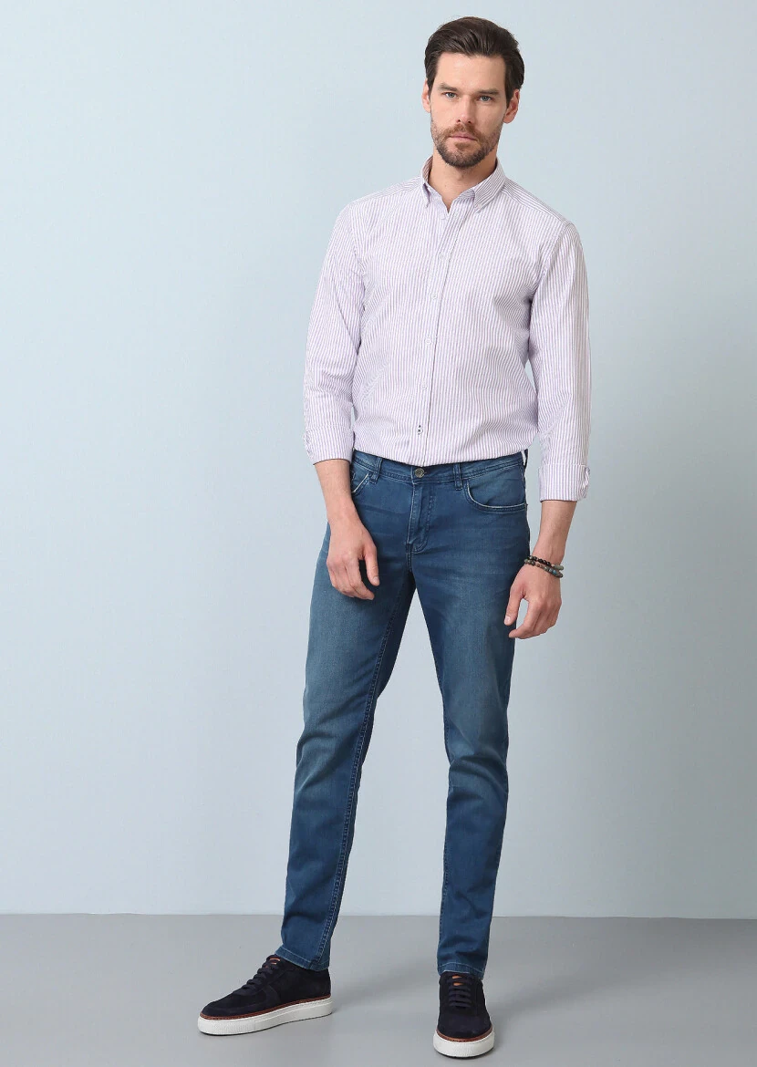 Lacivert Düz Slim Fit Denim Pamuk Karışımlı Pantolon - 2