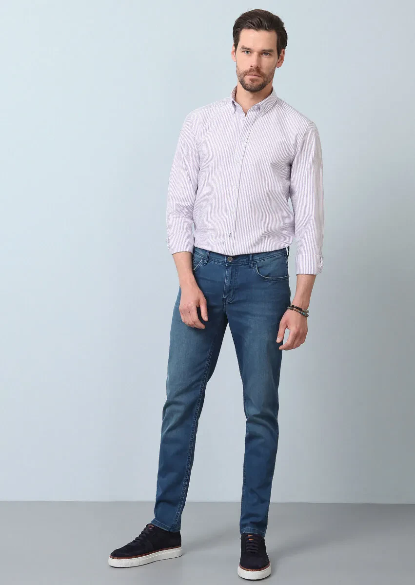 Lacivert Düz Slim Fit Denim Pamuk Karışımlı Pantolon - 2