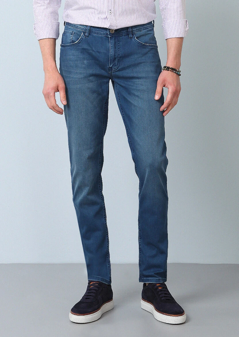 Lacivert Düz Slim Fit Denim Pamuk Karışımlı Pantolon - 3
