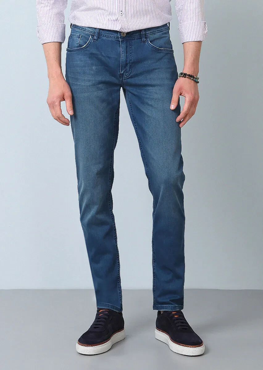 Lacivert Düz Slim Fit Denim Pamuk Karışımlı Pantolon - 3