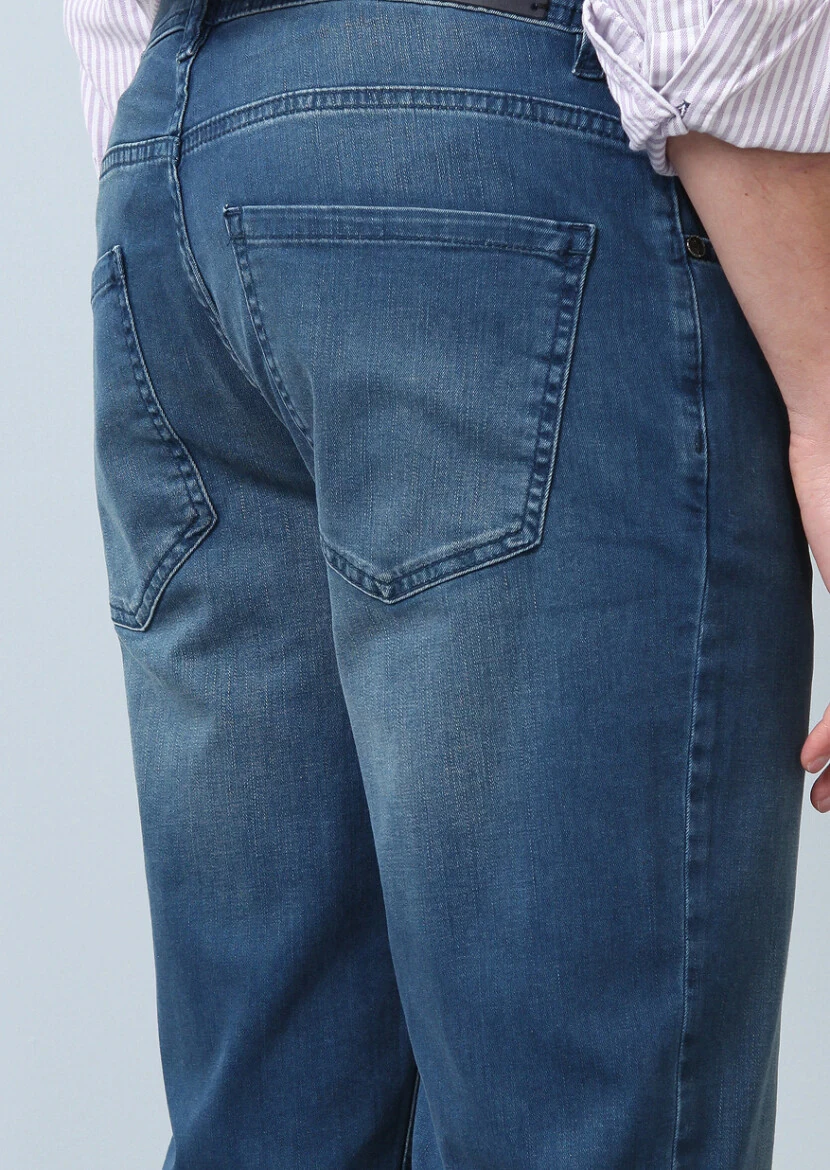 Lacivert Düz Slim Fit Denim Pamuk Karışımlı Pantolon - 4