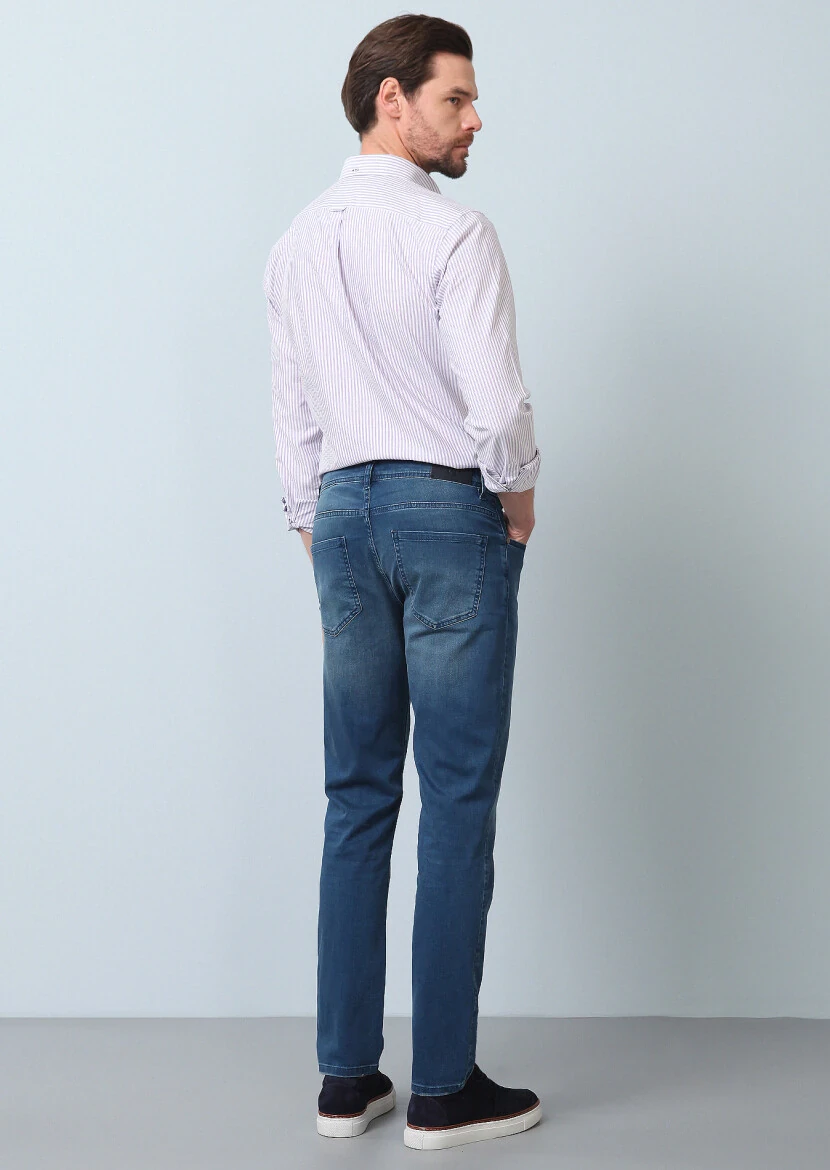 Lacivert Düz Slim Fit Denim Pamuk Karışımlı Pantolon - 5