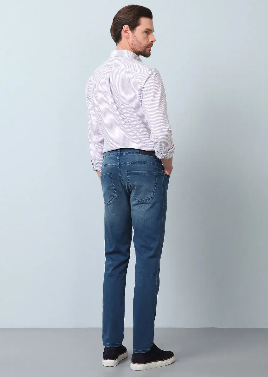 Lacivert Düz Slim Fit Denim Pamuk Karışımlı Pantolon - 5