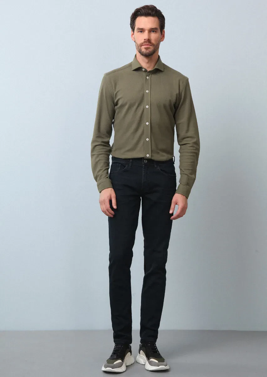 Lacivert Düz Slim Fit Denim Pamuk Karışımlı Pantolon - 1