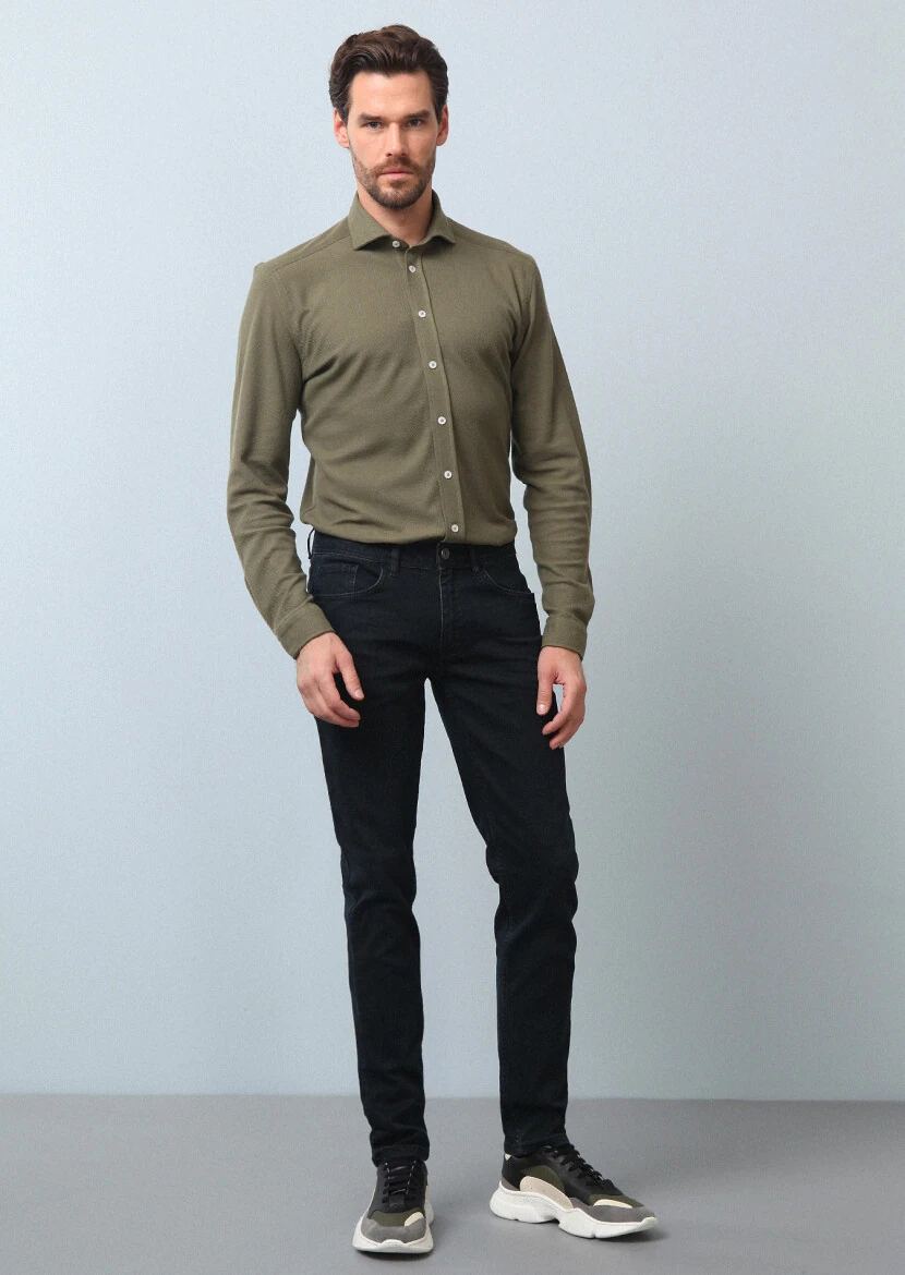 Lacivert Düz Slim Fit Denim Pamuk Karışımlı Pantolon - 2