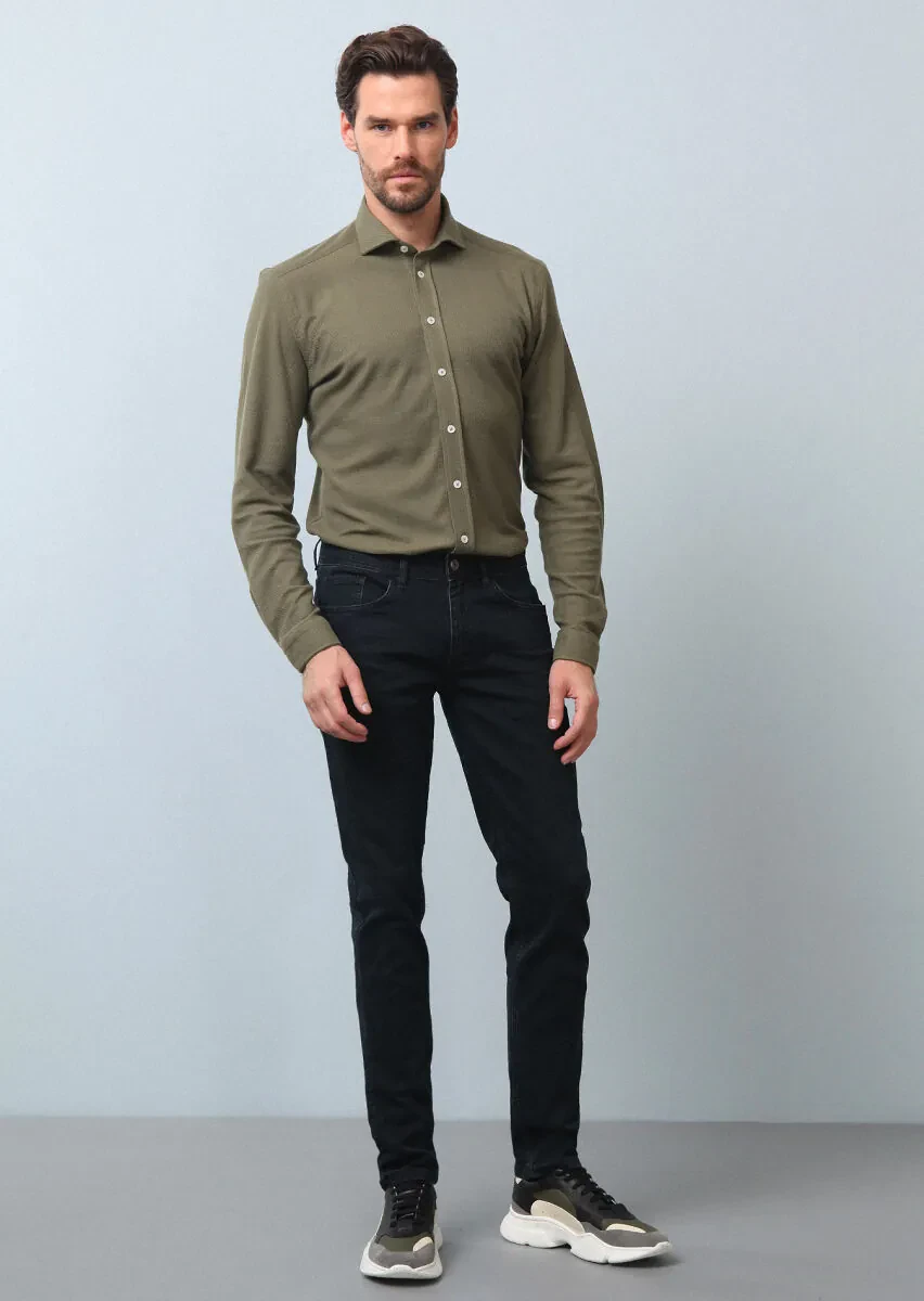 Lacivert Düz Slim Fit Denim Pamuk Karışımlı Pantolon - 2