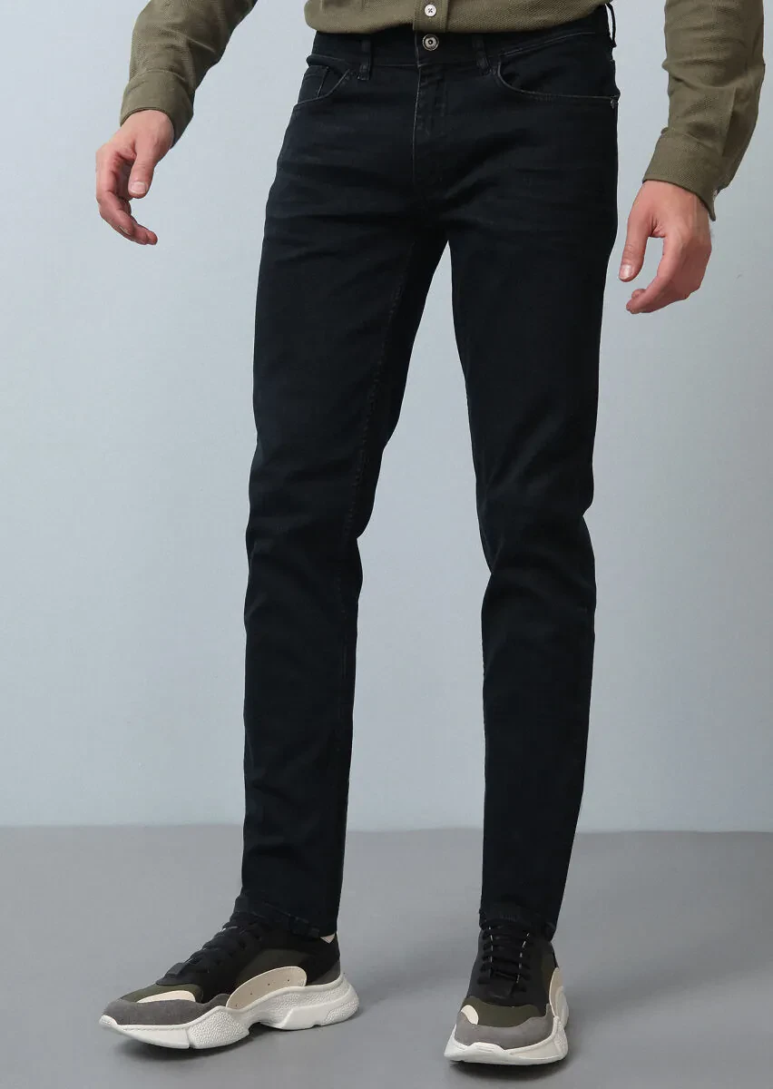 Lacivert Düz Slim Fit Denim Pamuk Karışımlı Pantolon - 3